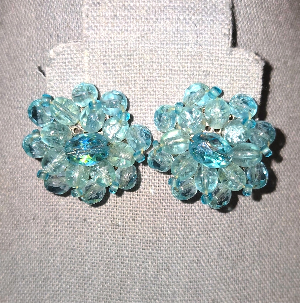 Vintage Western Germany Made Blue Glass Cluster Beaded Clip On Earrings 1.25"